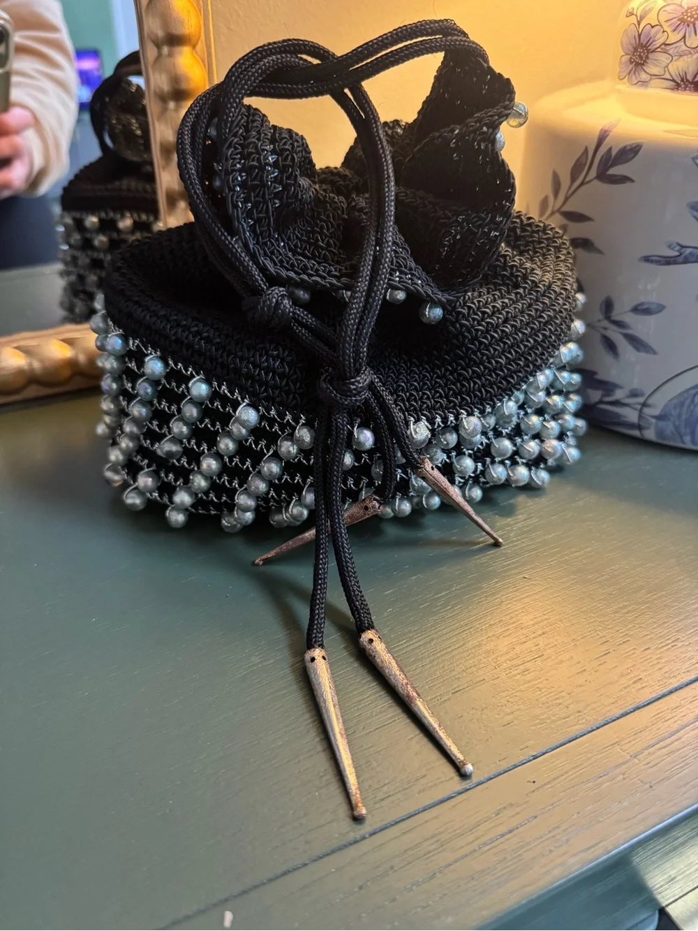 Vintage Women's Black Beaded Drawstring Pouch Bag